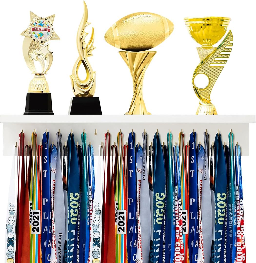 Threehoney Wooden Medal Hanger Display Trophy Holder Shelf with 25/37/49/65/83 Hooks Wall Mount Ribbon Holder Gift for Gymnastics Running Soccer Awards