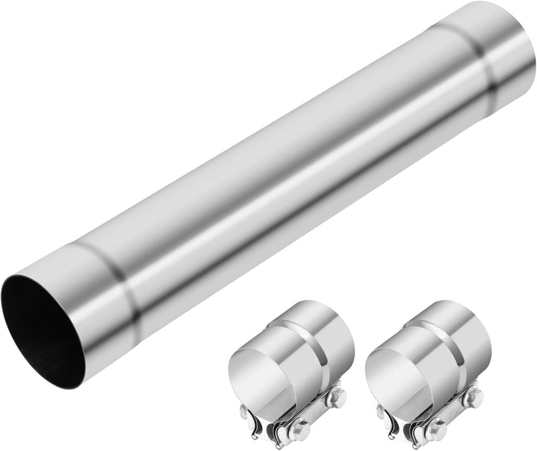 LCGP 2.5 Inch Straight Exhaust Pipe, 2.5" Stainless Steel Straight Muffler Replacement Pipe, 17.3" Length Mandrel Exhaust Tube with Two Lap Joint Band Clamps(New Version)