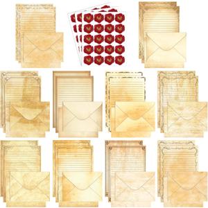 TaoBary 160 Pcs Stationery Paper Set 50 Double Sided Stationery Papers with 50 Matching Envelopes and 60 Round Dot Sticker, 10 Design(Vintage,5.5 x 8.25 Inch)