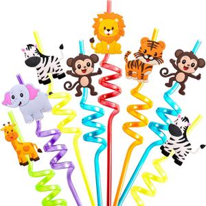 Fancy Land Safari Animal Straws Reusable Crazy Jungle Plastic Straws Bulk for Kids Woodland Birthday Party Favors 24 Pcs