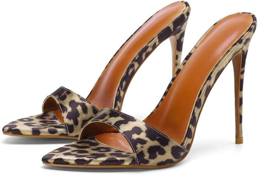 Frankie Hsu Sexy Stiletto Leopard Print High Heeled Sandal, Stylish Fashion High Heels Women Shoes, Designer Pointed Toe Satin Brown Spike Mule Sandal For Women (7)