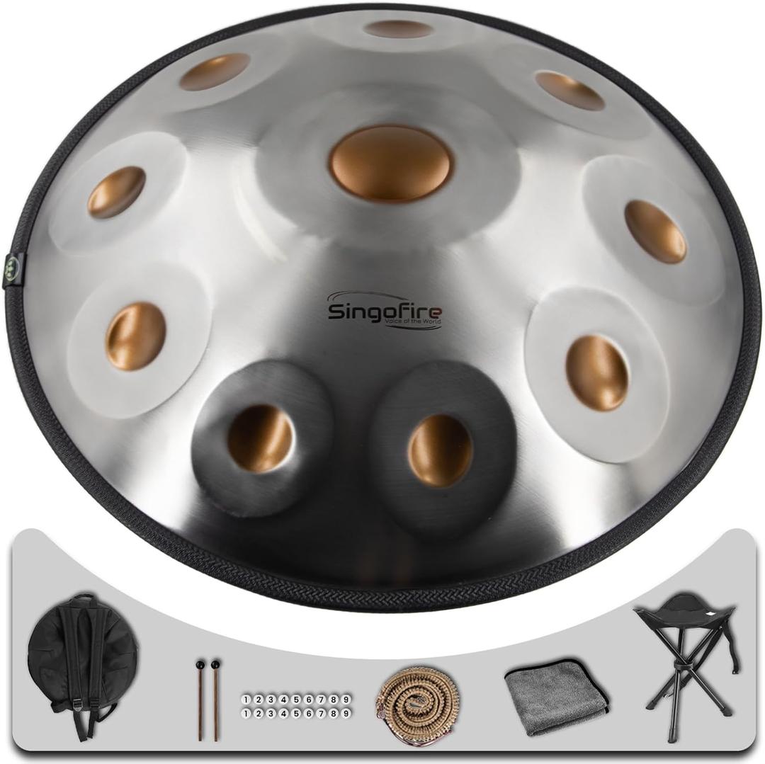Handpan Drum, 22-Inch 10-Notes 440Hz D Minor Kurd, Handpan Instrument with Soft Bag, 2 Mallets, Stand and Dust-Free Cloth (GoldEye)
