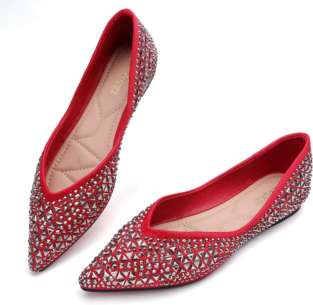 Flats Shoes Women Rhinestone Pointed Head Ballet Flats Comfortable Soft Memory Foam Insole Flat Shoes for Women Comfortable Dress Shoes Red Size 8.5-9