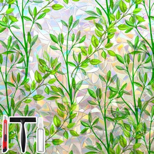 Window Privacy Film with Cutting Grid, Non-Adhesive Stained Glass Window Film Decorative, Static Cling Privacy Window Film (Leaf Rainbow,29.5 X 78.7 inch)