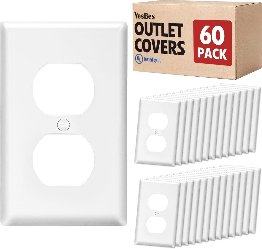 60 Pack Outlet Covers Bulk, Light Switch Cover Plate Standard Size 1-Gang 4.50" x 2.75", Duplex Wall Plates, Outlet Covers Wall Plate, Polycarbonate Thermoplastic, White