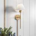 Nathan James Millie Plug-in Wall Sconce, Wall Mounted Bedside Reading Lamp with Cotton Shade and Brass Back Plate, Set of 1