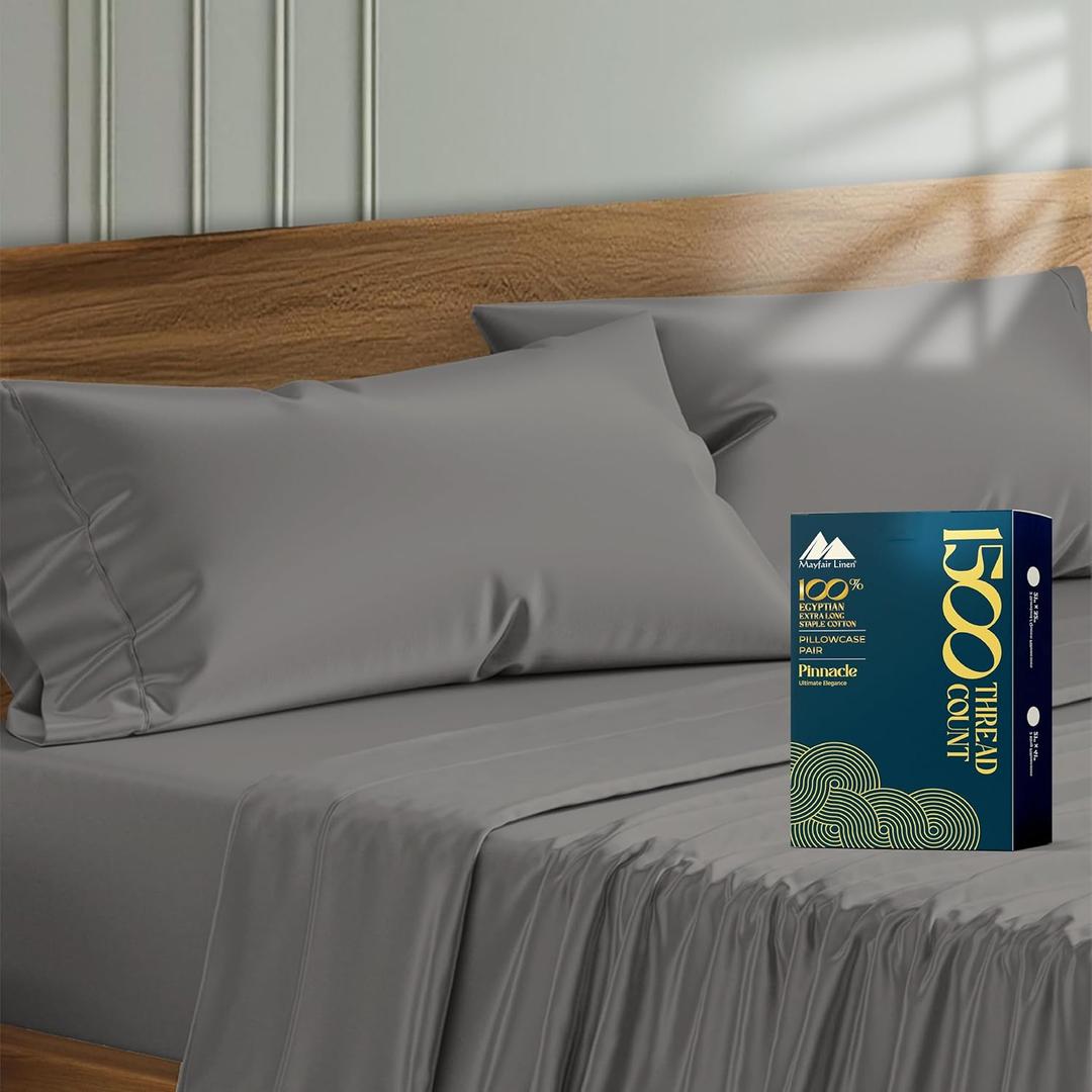 Mayfair Linen 100% Egyptian Cotton Pillow Cases King Size Set of 2 - Luxury 1500 Thread Count Sateen Weave Dark Grey Pillow Covers, Silky Soft, Breathable & Cooling Pillowcases, Fits King Size Pillows