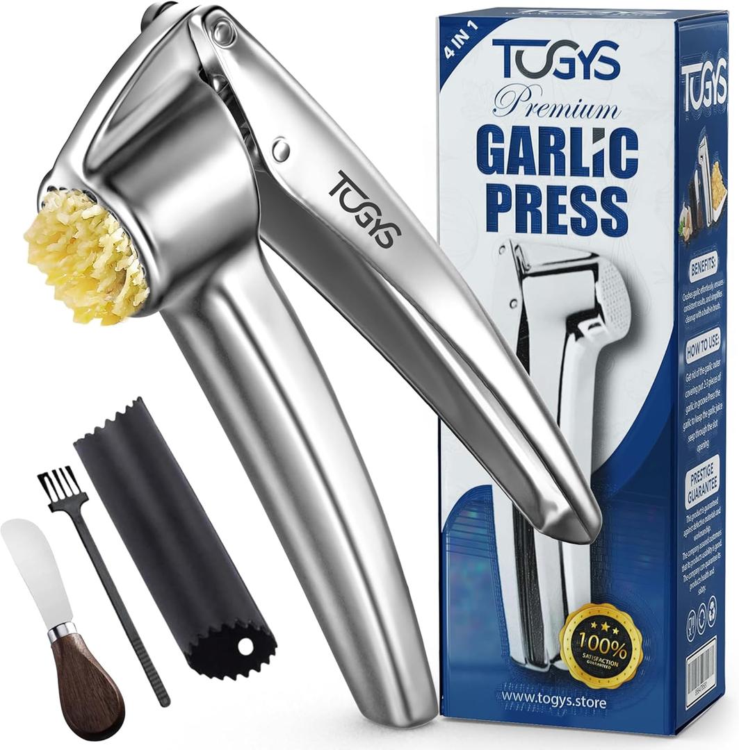 Heavy Duty Stainless Steel Garlic Press - Professional Grade Garlic Mincer & Crusher with Ergonomic Soft Grip Handle, Dishwasher Safe, Rust-Proof - Easy to Clean Kitchen Gadget for Cooking