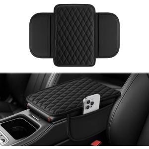 Amiss Car Center Console Cover, Upgraded Leather Car Armrest Cushion with 2 Storage Pockets, Universal Waterproof Cushion Pad, Non-Slip Car Interior Accessories, Fits Most Sedans SUVs Trucks (Black)