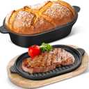 Cast Iron Bread Loaf Pan Set with Lid 2 in 1 Pre Seasoned Cast Iron Dutch Oven Pot Bread Cooking Pan with Dual Handles and Wooden Plate for Homemade Frying Sourdough Baking(Black)