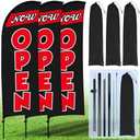 Buryeah 3 Sets Now Open Feather Flag Pole Kit for Business Advertising 7 ft Open Flag Banner Sign with Pole Kit Ground Stake and Portable Bag for Outside Ground (Black)