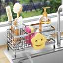 HapiRm Sponge Holder for Kitchen Sink - Self-draining Sink Caddy with Smiley Face and Brush Holder, Stainless Steel Kitchen Organizer for Countertop - Silver