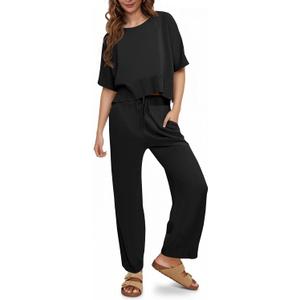Fisoew Womens 2 Piece Outfits Sweater Sets Knit Split Crop Tops High Waisted Pants Lounge Set (Large, Black)
