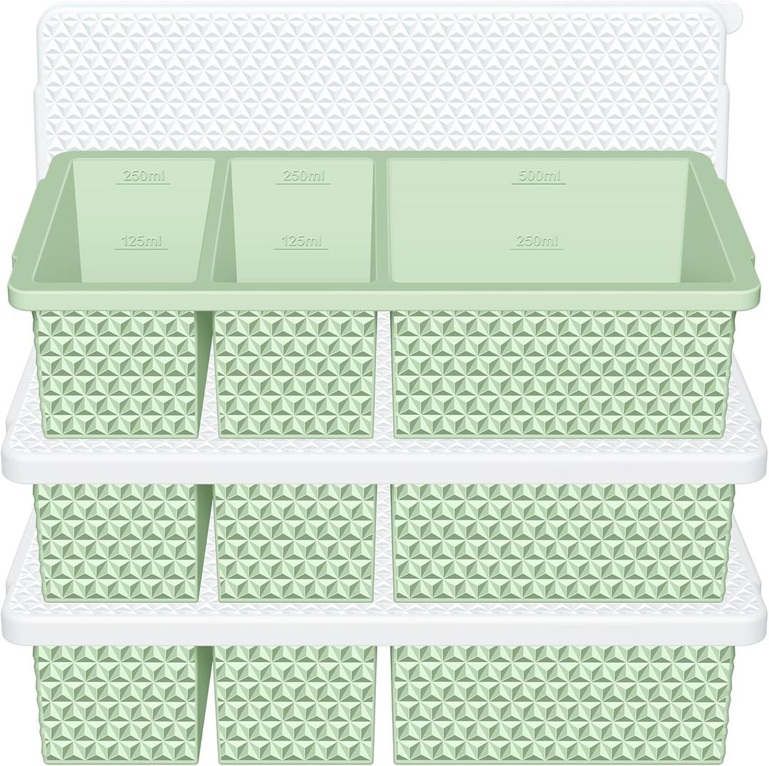 3 Pack - Silicone Freezer Trays with Lid, 1-Cup & 2 Cup Freezer Molds, Silicone Food Storage Containers for Meal Prep, Freezing Soup Sauce, Broth Leftovers (Matcha Green)