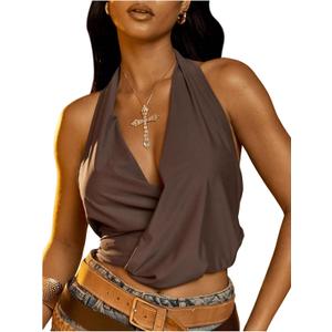 SOLY HUX Women's Deep V Halter Crop Top Sexy Front Draped Backless Slim Fit Sleeveless Tank Tops (Large)