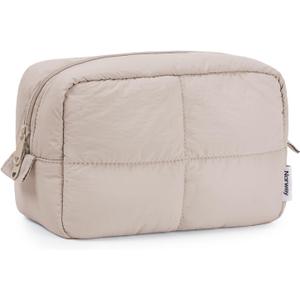 Narwey Travel Makeup Bag for Women Girl, Puffy Make up Organizer Cosmetic Bag, Cute Small Travel Toiletry Bag for Toiletries (Khaki)