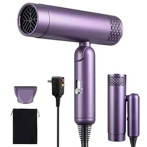 MattTravel Foldable Hair Dryer, Fast Drying Ionic Blow Dryer, Travel Hair Blow Dryer with Removable Nozzle and Storage Bag, Lightweight Portable Hairdryer for Women, Purple
