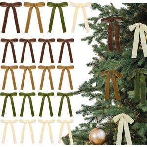 Glitinsel Brown,Khaki,Beige,Moss Green 24 Pcs Velvet Bows Christmas Tree Ornaments Valentines Day Bows Decoration for Garland Home Coquette Wedding Decor (5 x 7 InchWidth of 1")