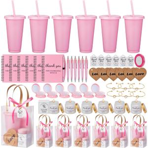 56Pcs Baby Shower Prizes for Game Winners Baby Shower Favors Gifts including Plastic Tumbler Notebook Scented Candles Ballpoint Pen Mirrors with Hair Brushes Bracelet Gift Bag (Pink)