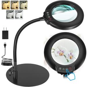 10X Magnifying Glass with Light, Real Glass Lens, 5 Color Modes Dimmable, Flexible Gooseneck Lighted Magnifier with Stand, LED Desk Lamp Hands Free for Crafts Painting Sewing Reading Close Work (Black)