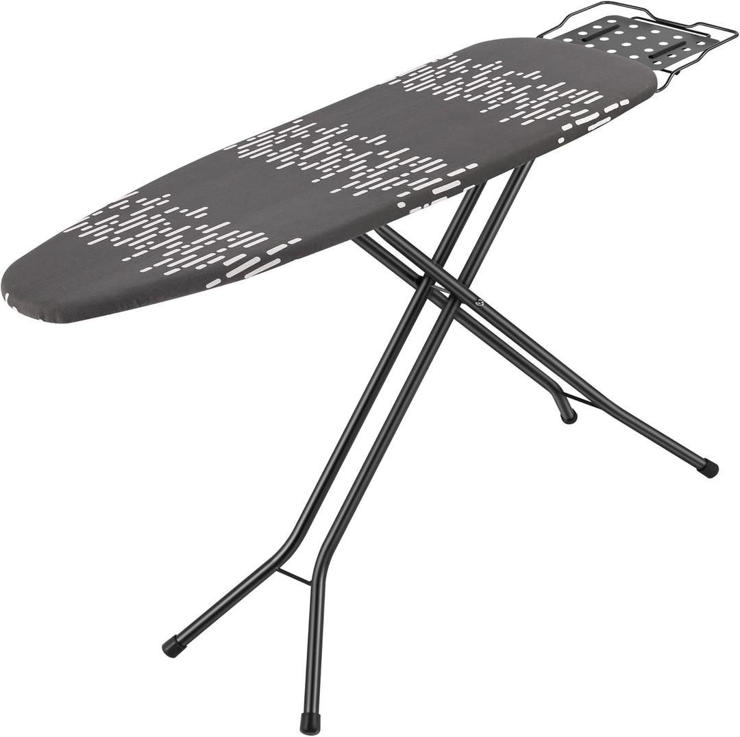 Deluxe Ironing Board with Heat Resistant Cover and Thicken Felt Pad, Safety Iron Rest, 4 Premium Steel Legs, Height Adjustable,Foldable (Gray and White Pattern)