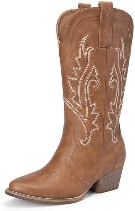 DREAM PAIRS Women's Cowboy Cowgirl Boots Embroidered Pointed Toe Low Heel Western Mid Calf Boot for Theme Party Country Concert, Size 7, Brown, DWUMMB2503