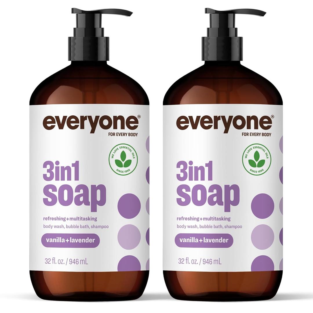 Everyone 3in1 Soap, Body Wash, Bubble Bath, Shampoo, 32 Ounce (Pack of 2), Vanilla and Lavender, made with Essential Oils for Men and Women