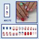 4th of July Press on Nails Medium Almond Fake Nails Red White Blue False Nails with Fireworks Star Bow Designs Cute Acrylic Nail Full Cover Acrylic Glue on Nails for Women Girls Manicure 24Pcs