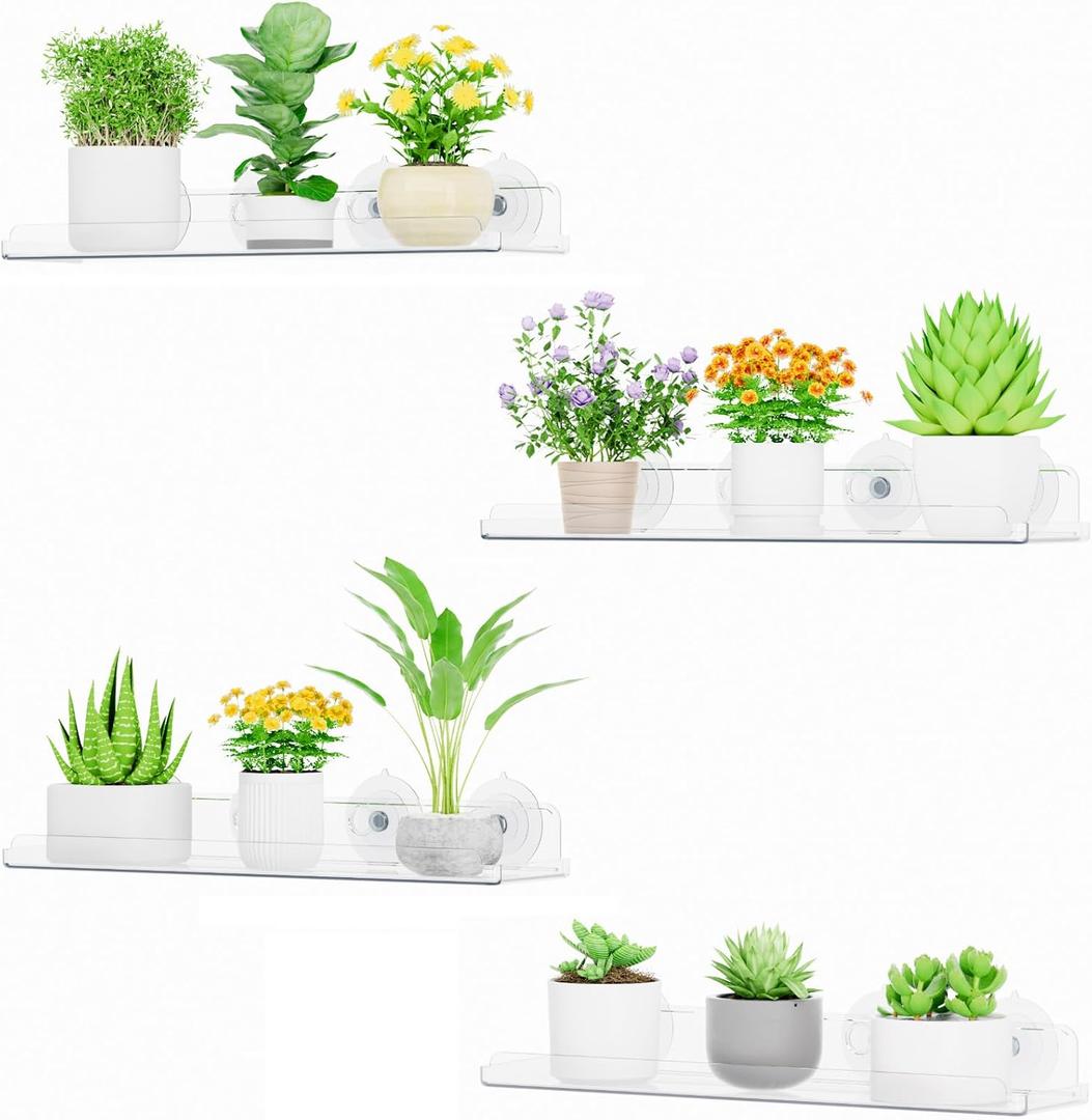 Lifewit Window Plant Shelves 14.6", 4 Pack Acrylic Suction Cup Floating Shelf for Bathroom Mirror, or Kitchen Wall, Clear No-Drill Window Sill Extender for Indoor Micro Greens 37 x 9 cm/14.6x3.6