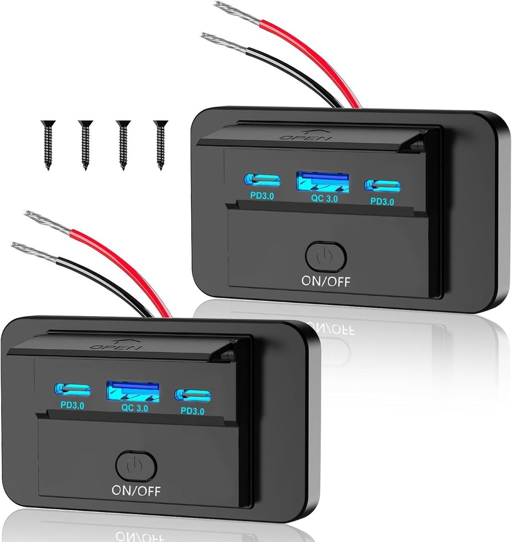 2PCS 3 Ports 12V RV USB Outlet 90W, Dual PD3.0 Type-C Quick Charge 72W & USB QC3.0 18W Panel Wall Mount, Automotive Car USB Socket Charger Adapter for RV Marine Boat Bus ATV Motorcycle Truck (Blue)