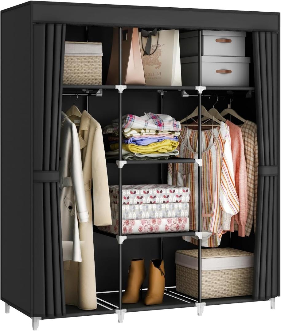 Portable Closet Wardrobe, 51-Inch Clothes Organizer with 2 Hanging Rods and 8 Shelves, Non-Woven Fabric Cover, Medium Capacity Storage for Bedroom and Living Room, Black