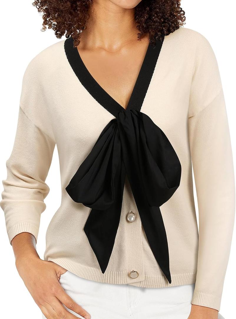 Women Bow Sweater Cute Tie Front Cropped Cardigan V Neck 7/8 Long Sleeve Fall Knit Top Elegant Holiday Party Office Wear (Large, 1-cream)