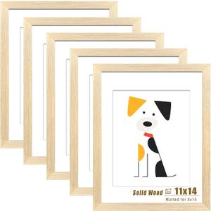 LUCKYLIFE 11x14 Picture Frame Solid Natural Wood, Display 8x10 photo with Mat or 11x14 without Mat for Wall Hanging, Set of 5
