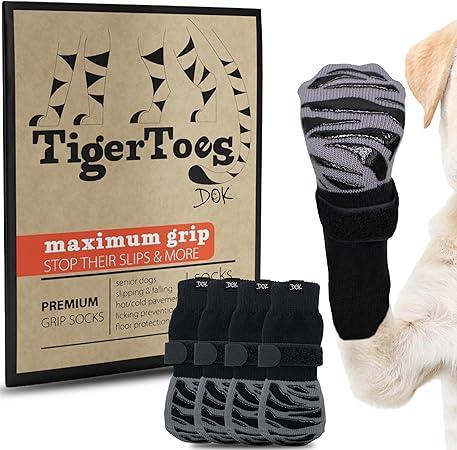 DOK TigerToes Premium NonSlip Dog Socks for Hardwood Floors  ExtraThick Grip That Works Even When Twisted  Prevents Licking, Slipping, and Great for Dog Paw Protection (Cool Caramel, Small)