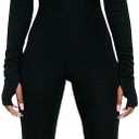 XLLAIS Women High Neck Zipper Ruched Bodycon Jumpsuit Tracksuit with Thumb Hole (Large, Black)