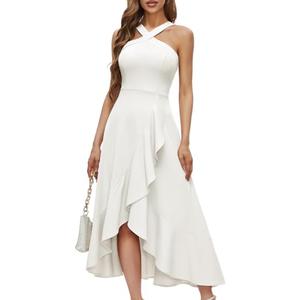 Bbonlinedress Women White Wedding Cocktail Halter Prom Dress Bride Bridal Shower Summer Beach Ruffled Maxi Hi-lo Dress White S
