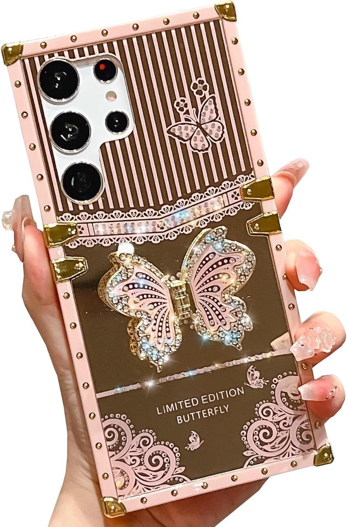 Cute Compatible with Samsung Galaxy S23 Ultra Case with Luxury Bling Glitter Butterfly Foldable Stand Kickstand,Glitter Soft Mirror Slip-Resistant Bumper Protective Cover for Women & Girls(Pink)