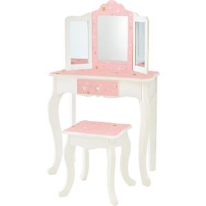 Teamson Kids Princess Gisele Twinkle Star Print 2-Piece Kids Wooden Play Vanity Set with Vanity Table, Tri-Fold Mirror, Storage Drawer, and Matching Stool, White with Pink and Gold Star Accent