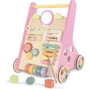 LOLFUN Wooden Baby Walker for Girls with Wheels, Push Walker for Girl 12 Months, Pink Baby Push Toy for 1 Year Old Walking