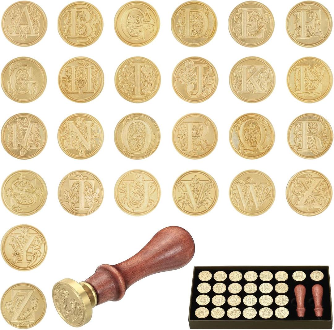 PATIKIL Alphabet Wax Seal Stamp Kit, 26 Letters A-Z Sealing Wax Stamp with 2pcs Wooden Handles, Gift Box Letter Initial Brass Head Vintage