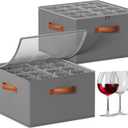 Foyego Wine Glass Storage Box with Dividers, 2 Pack Glassware Storage Containers, Stemware Storage Cases Holds 32 Wine Glasses, Stackable Crystal Storage Containers with Clear Cover for MovingGray