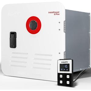 FOGATTI InstaShower 8 Plus RV Tankless Water Heater, with 15 x 15 inches White Door and Remote Controller, 12V DC, Best High Altitude Performance, Ideal for RVers' Everyday Use, Gen 3 (EXP 07/06/26)