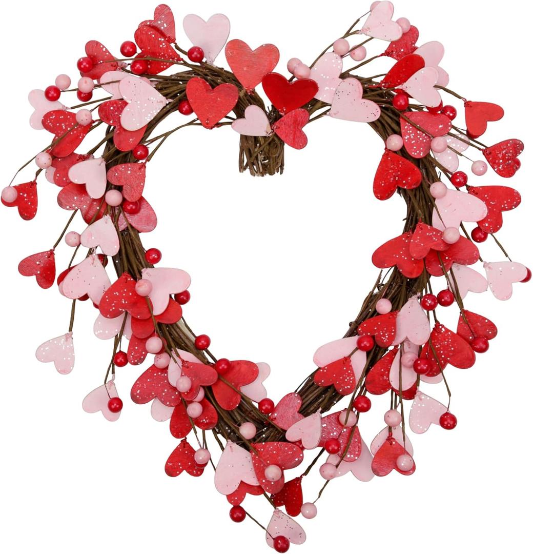15 Inch Valentine's Day Wreath for Front Door Red Pink Heart Wreaths with Berries Valentine's Day Decorations Valentine's Day Gift for Anniversary Wedding Party Wall Home Indoor Decor