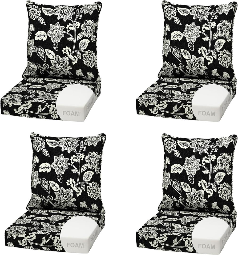 Arden Outdoor Foam Deep Seat Cushion (4-Pack), 22x24, Premium High-Density Foam, Never Flattens, Weather-Proof for Patio Chair Sofa Couch, Ashland Black Jacobean