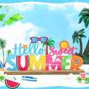 MiniInflat Hello Sweet Summer Metal Sign Summer Decorations for Home Tropical Coastal Table Decor with Wood Base for Home Office Tabletop Centerpiece Decoration Tiered Tray Mantel Shelf Fireplace