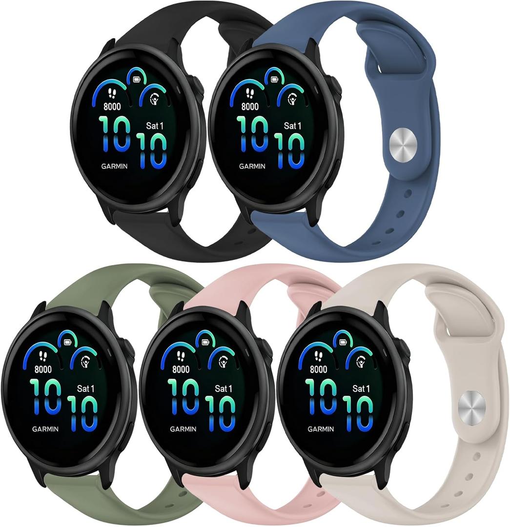 5 Pack Watch Bands Compatible with Garmin Vivoactive 6/5/3/Venu/Venu Sq/Sq 2/Venu 2 Plus/Vivomove/Forerunner 165/245/55/645,20mm Soft Silicone Band Sport Replacement Wristband for Women Men