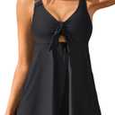 Charmo One Piece Swimsuit Women V Neck Bathing Suits Cutout Tie Knot Swimdress with Pockets Tummy Control Swimwear Black S