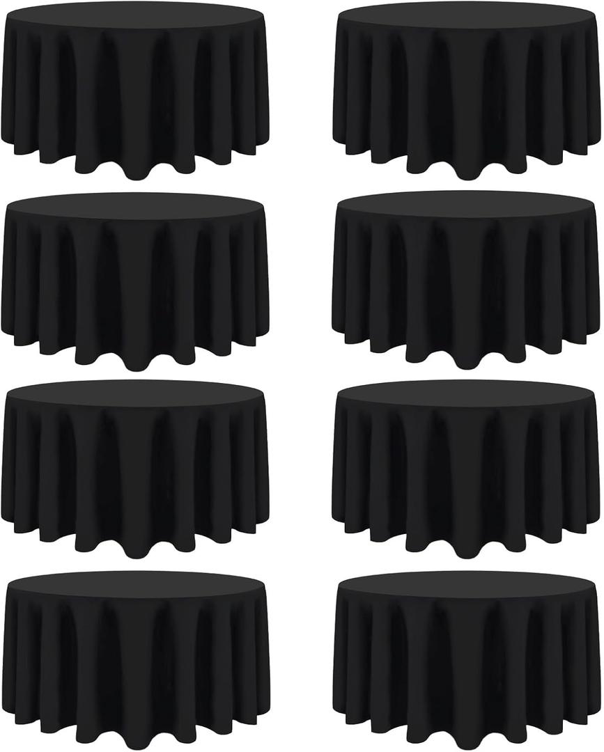 8 Packs 120 Inch Black Round Tablecloth in Diameter, Washable Polyester Fabric Tablecloths, Wrinkle Resistant Table Cloth for Wedding Party Banquet Dining