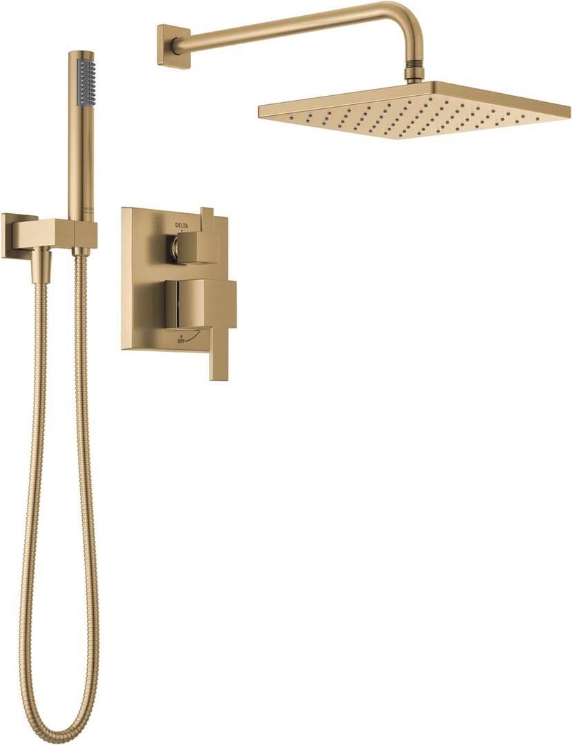 Delta Modern 14 Series Square Rain Shower System Faucet Set, Rainfall Brushed Gold Shower Head and Handle Set, Valve Trim Kit, 10 Inch, Champagne Bronze T342701-CZ (Valve Not Included)