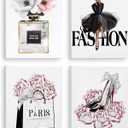CoziTech Fashion Women Canvas Wall Art Framed, Modern Artwork for Girls Bedroom Wall Dcor Pink Flowers Perfume Art Print Handbag High Heel Wall Picture, Gift for woman, Gift for Girls. Set of 4.